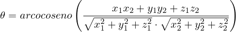 \theta=arcocoseno\left(\frac{x_1x_2+y_1y_2+z_1z_2}{\sqrt{x_1^2 + y_1^2 + z_1^2} \cdot \sqrt{x_2^2+y_2^2+z_2^2}}\right)
